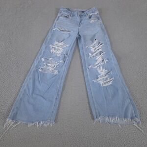 American‎ Eagle Jeans Womens 00 Light Super High-Rise Baggy Wide Leg Distressed